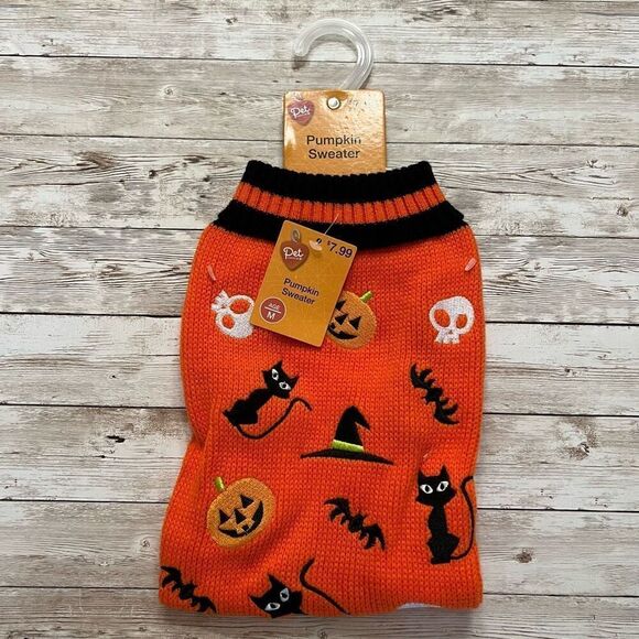 Pet Central Other - Pet Central Orange Black Halloween Dog Cat Outfit Pet Pumpkin Sweater Medium NWT